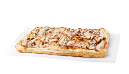 Photo of Delicious puff pastry tart with pears, almond and blue cheese isolated on white