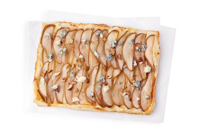 Photo of Delicious puff pastry tart with pears, almond and blue cheese isolated on white, top view