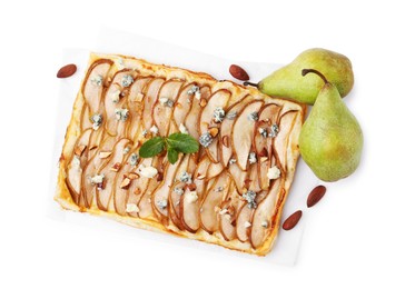 Photo of Delicious puff pastry tart with pears, almond, mint and blue cheese isolated on white, top view