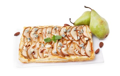 Photo of Delicious puff pastry tart with pears, almond, mint and blue cheese isolated on white