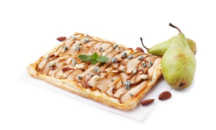 Photo of Delicious puff pastry tart with pears, almond, mint and blue cheese isolated on white