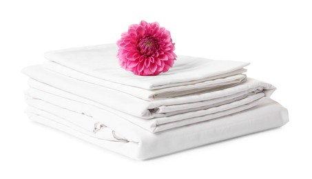 Photo of Stacked bed linens and pink flower on white background