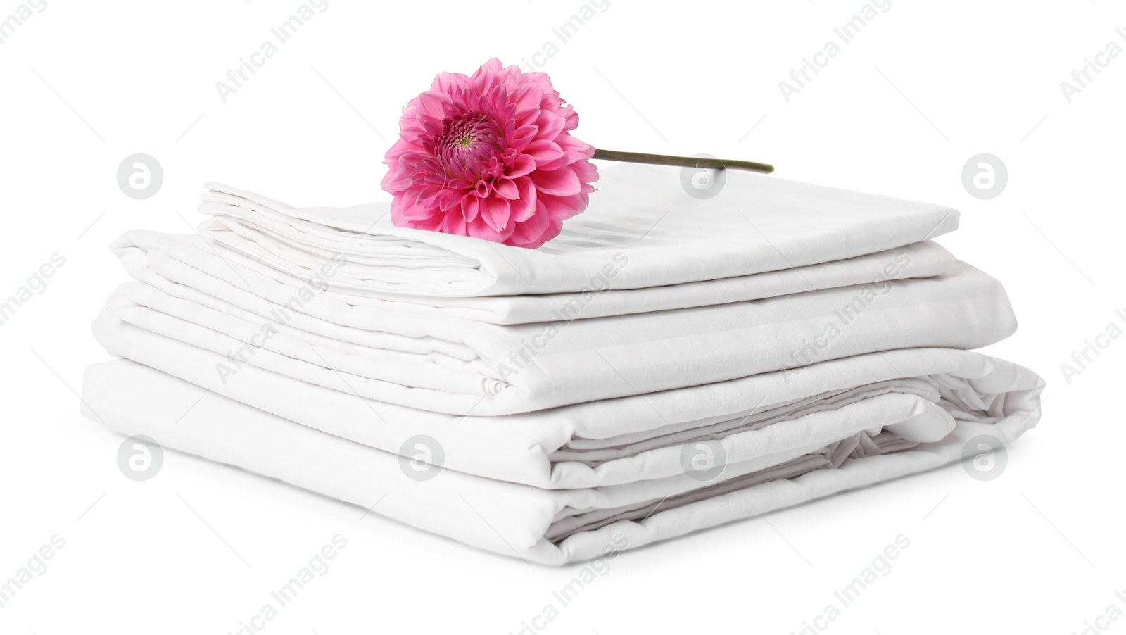 Photo of Stacked bed linens and pink flower on white background