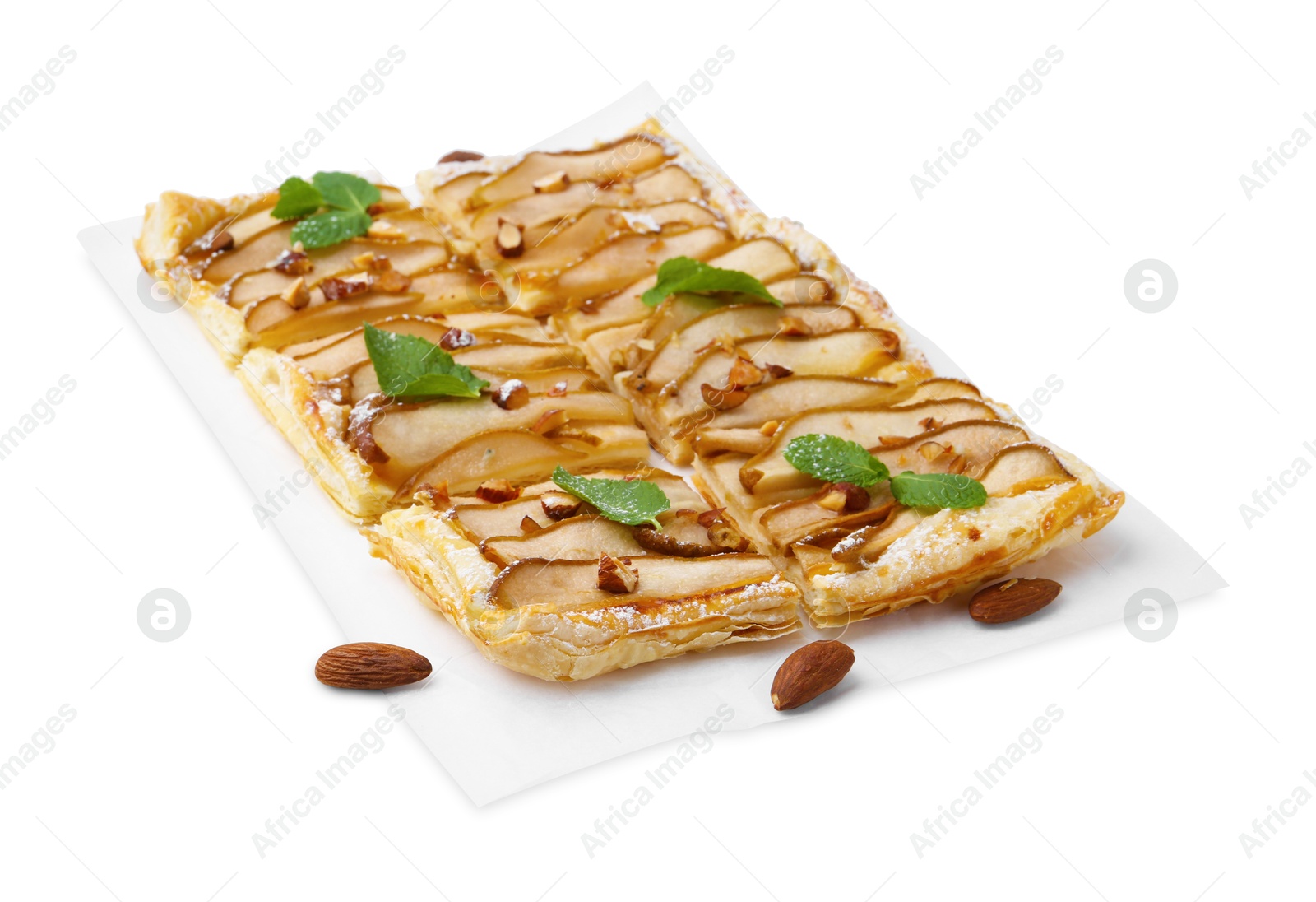 Photo of Pieces of tasty puff pastry pie with pears, mint and almonds isolated on white