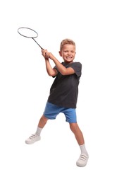 Photo of Little boy with badminton racket on white background