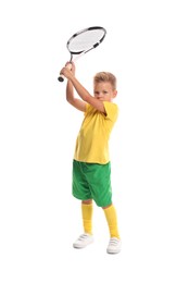 Little boy with tennis racket on white background