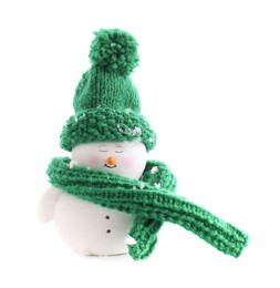 Photo of Cute decorative snowman in hat isolated on white