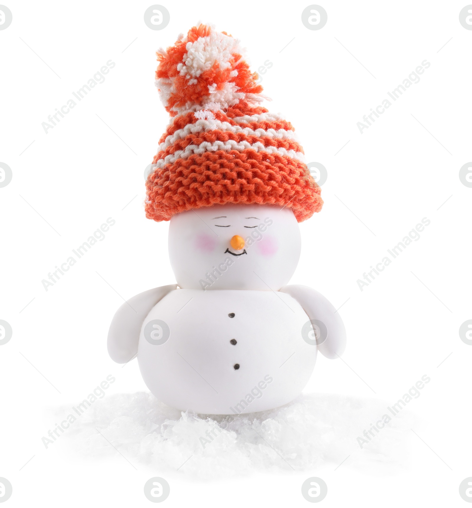 Photo of Cute decorative snowman and artificial snow isolated on white