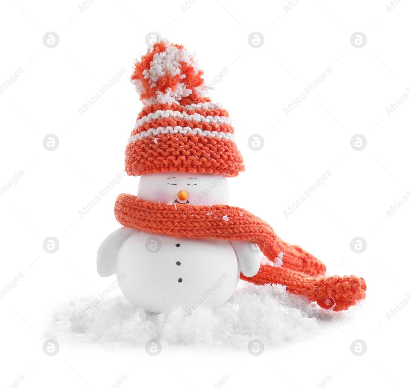 Photo of Cute decorative snowman and artificial snow isolated on white