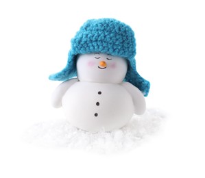 Photo of Cute decorative snowman and artificial snow isolated on white