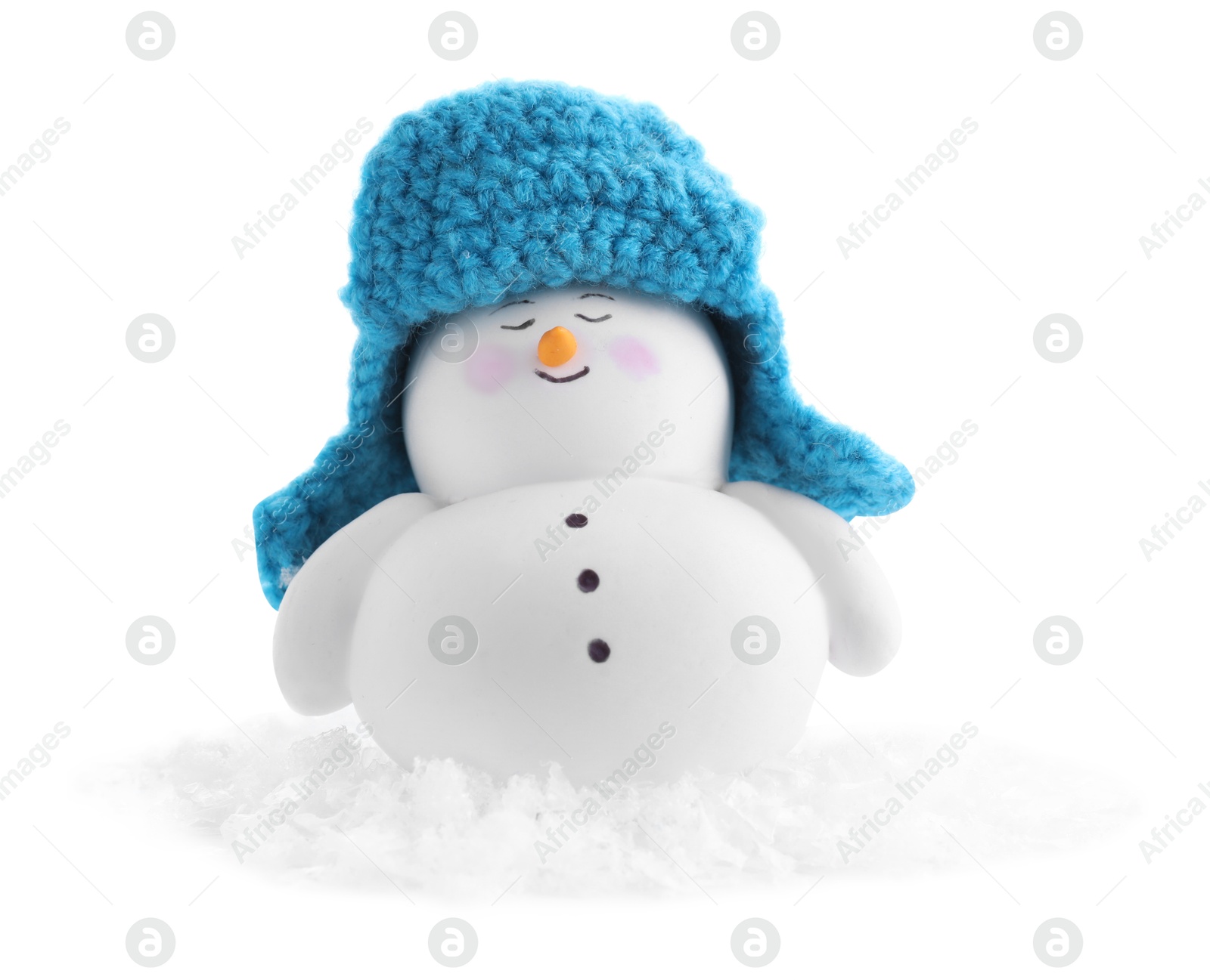 Photo of Cute decorative snowman and artificial snow isolated on white