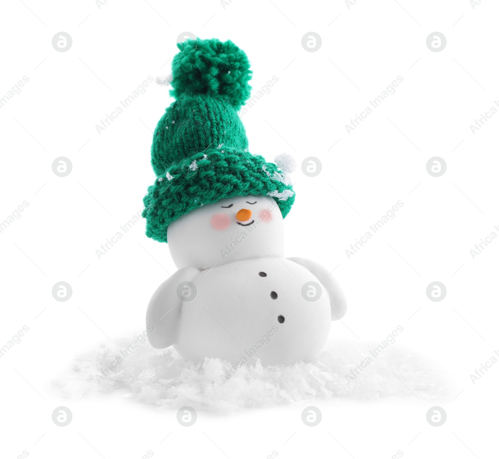 Photo of Cute decorative snowman and artificial snow isolated on white