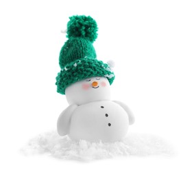 Photo of Cute decorative snowman and artificial snow isolated on white