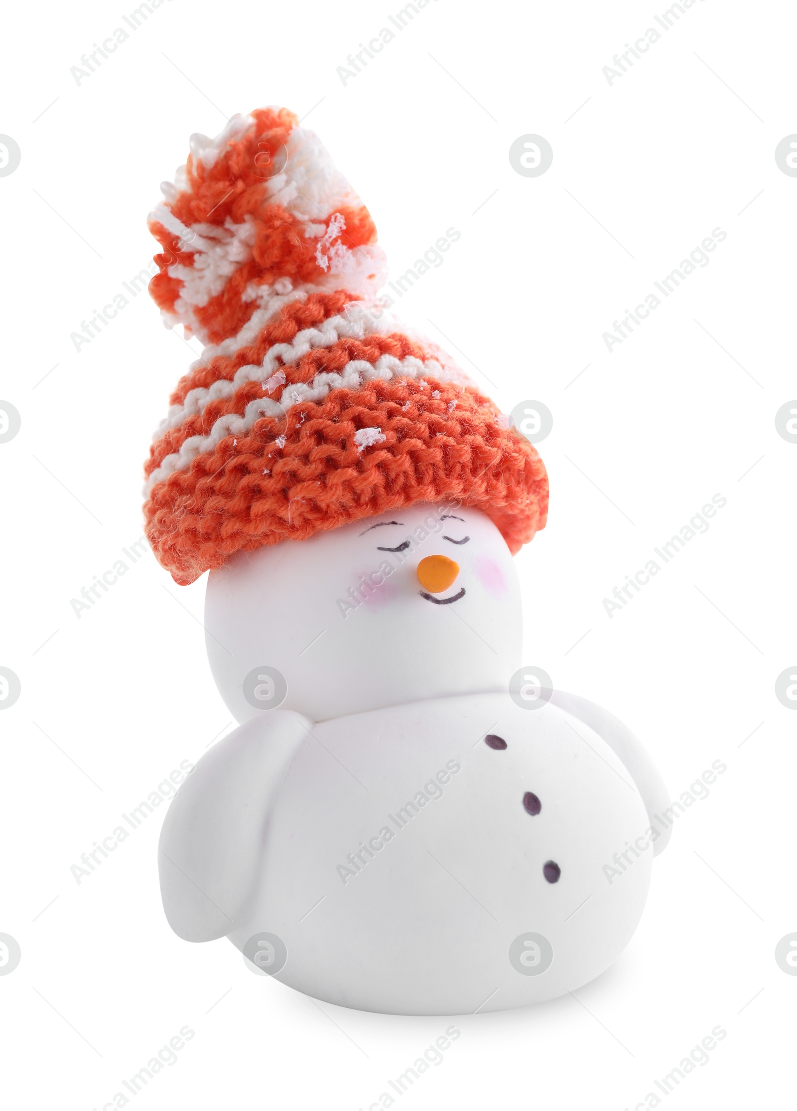 Photo of Cute decorative snowman in hat isolated on white