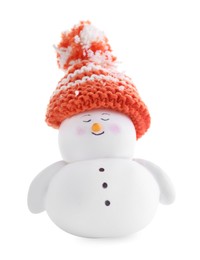 Photo of Cute decorative snowman in hat isolated on white