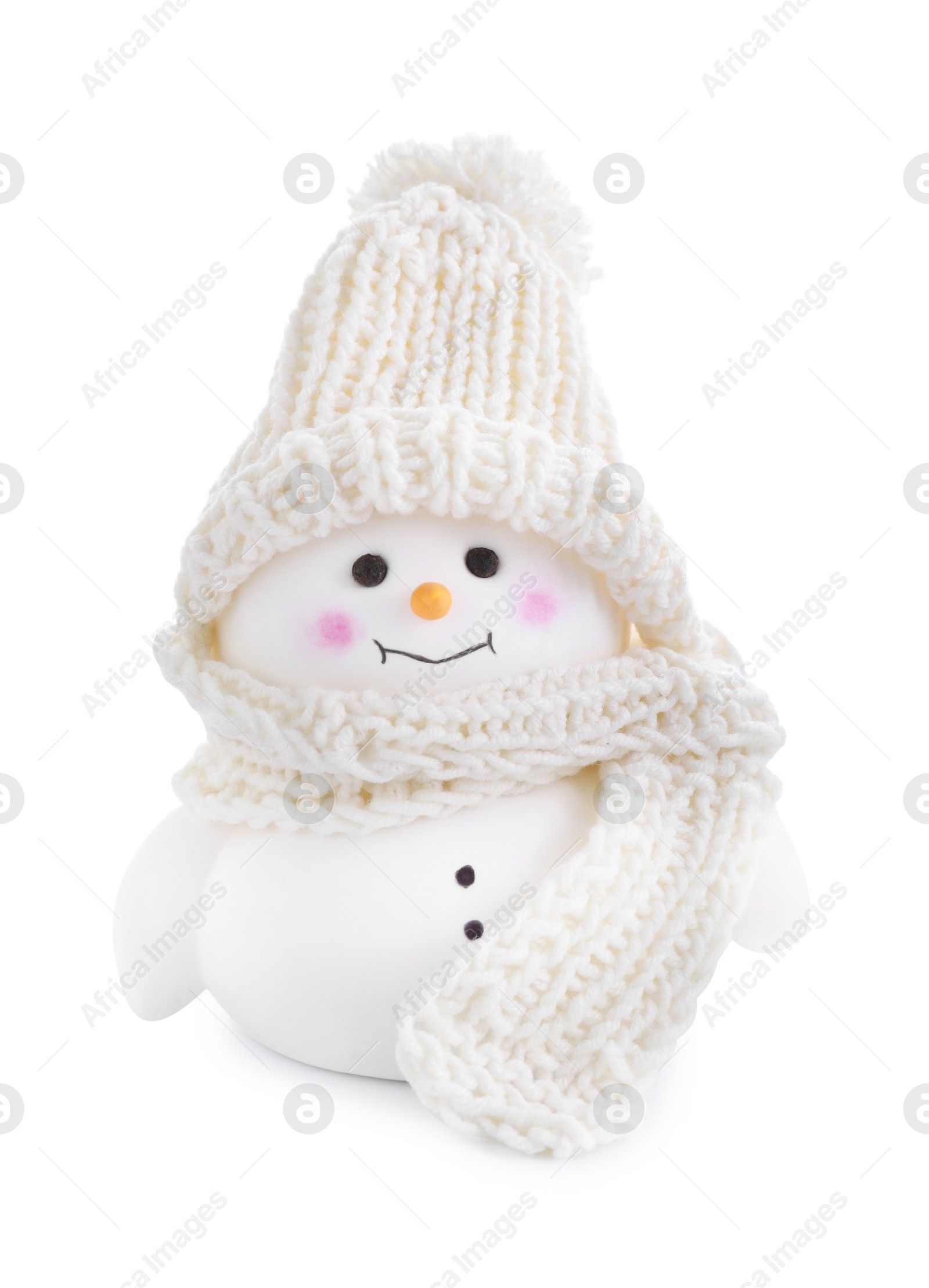 Photo of Cute decorative snowman in hat isolated on white