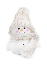 Photo of Cute decorative snowman in hat isolated on white