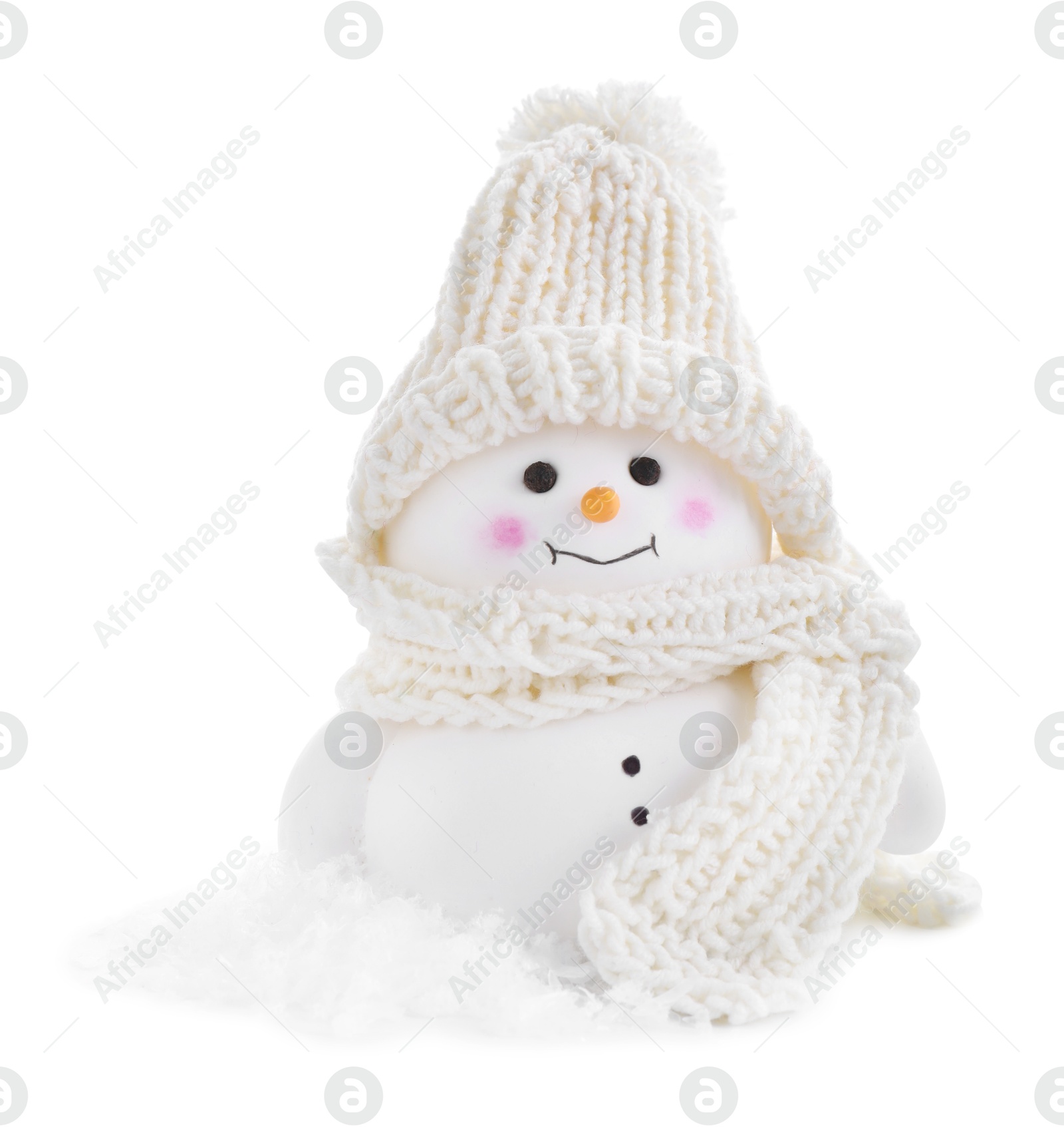 Photo of Cute decorative snowman and artificial snow isolated on white