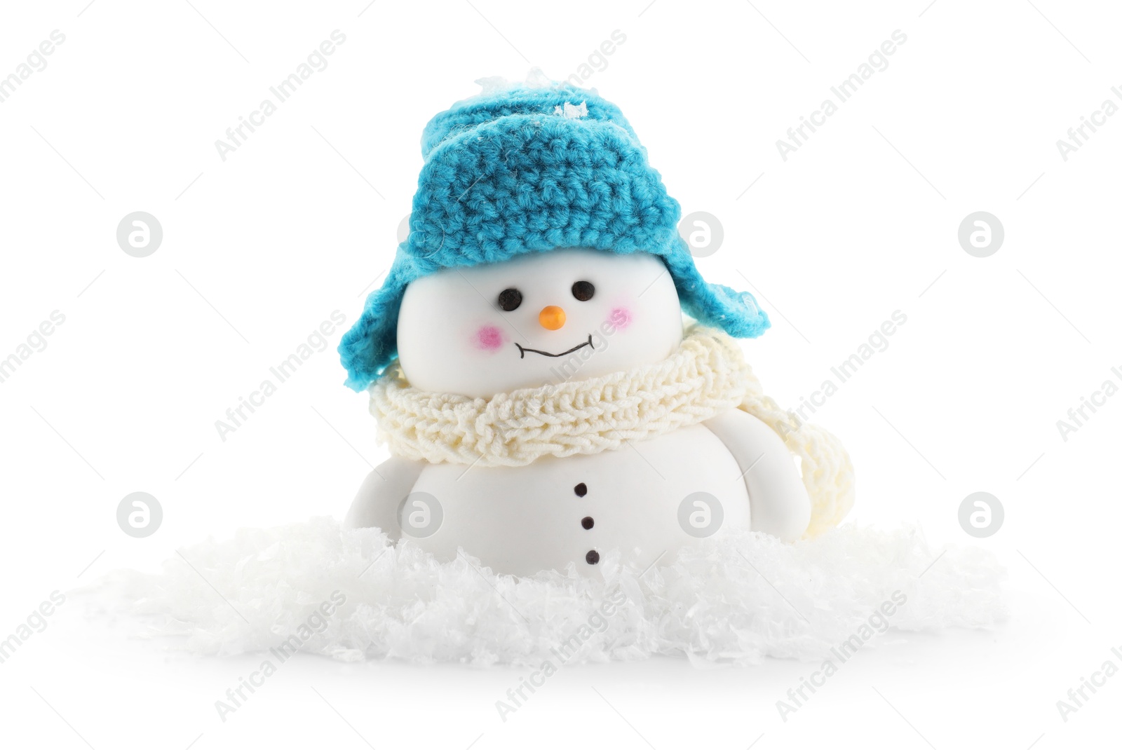 Photo of Cute decorative snowman and artificial snow isolated on white