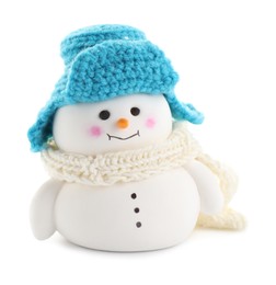 Photo of Cute decorative snowman in hat and scarf isolated on white