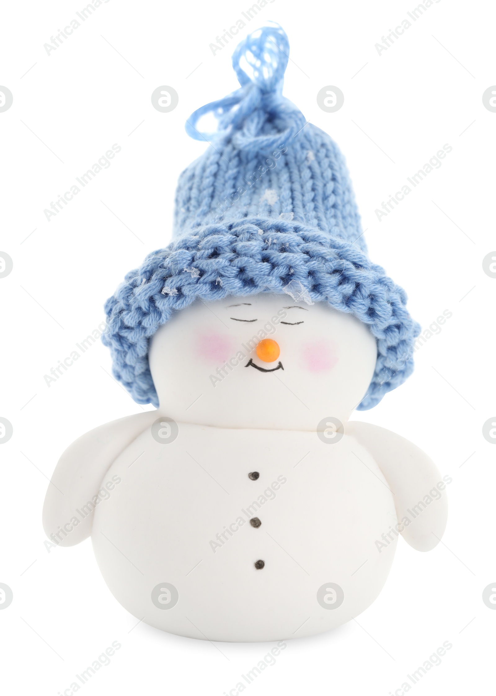 Photo of Cute decorative snowman in hat isolated on white