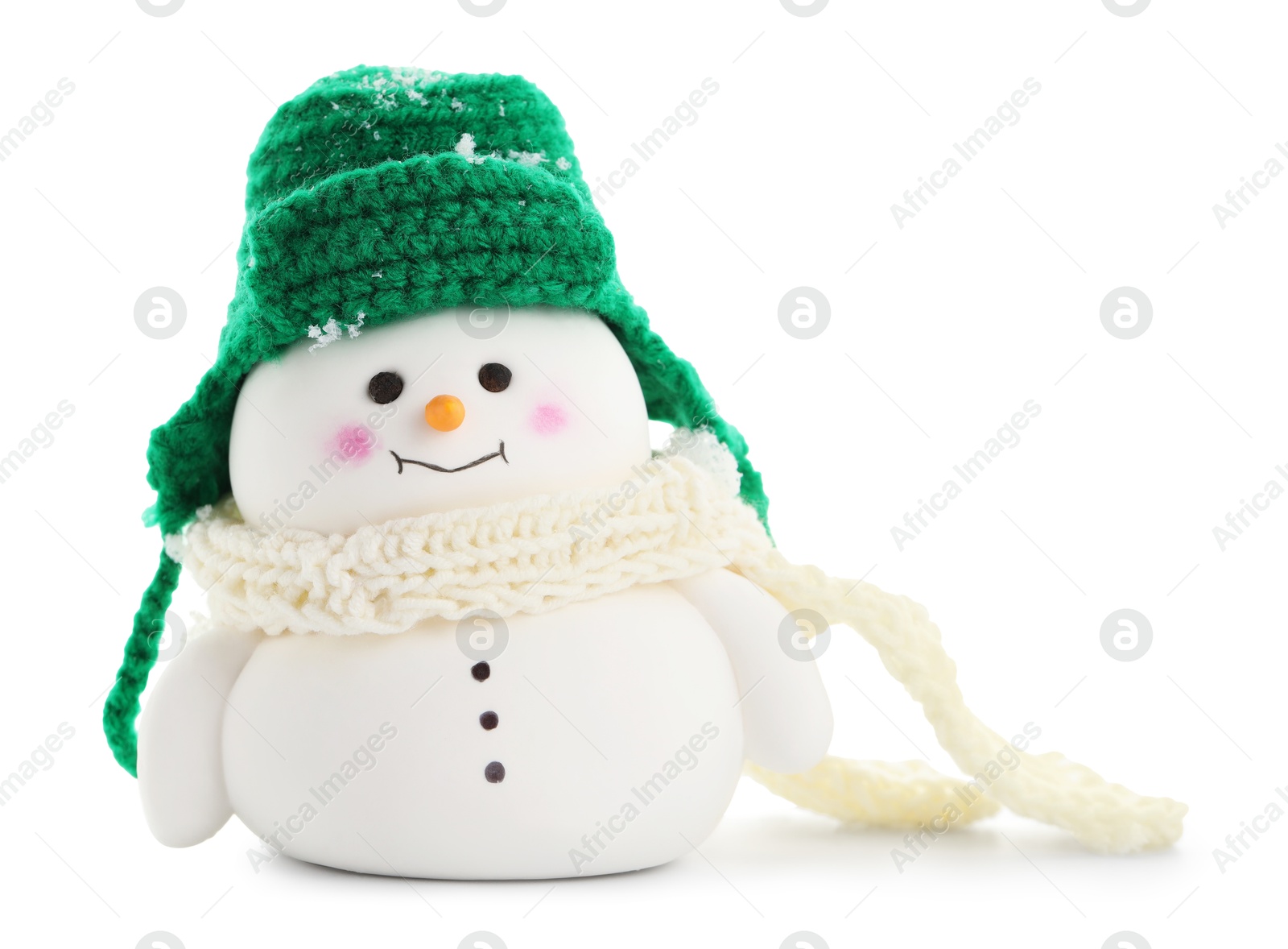 Photo of Cute decorative snowman in hat and scarf isolated on white