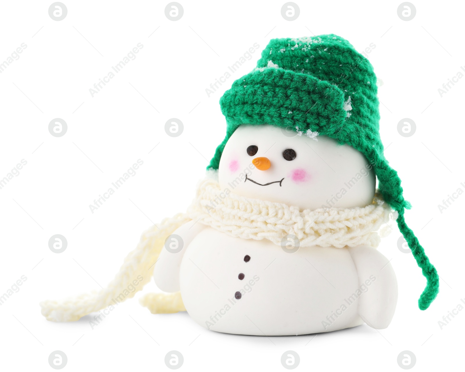 Photo of Cute decorative snowman in hat and scarf isolated on white