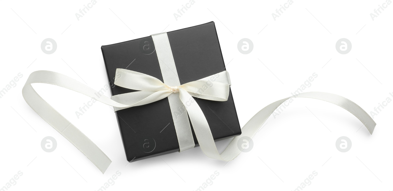 Photo of Beautiful black gift box with bow isolated on white