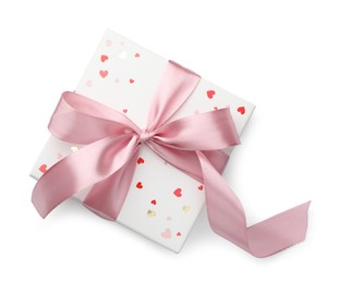 Photo of Beautiful gift box with pink bow isolated on white, top view