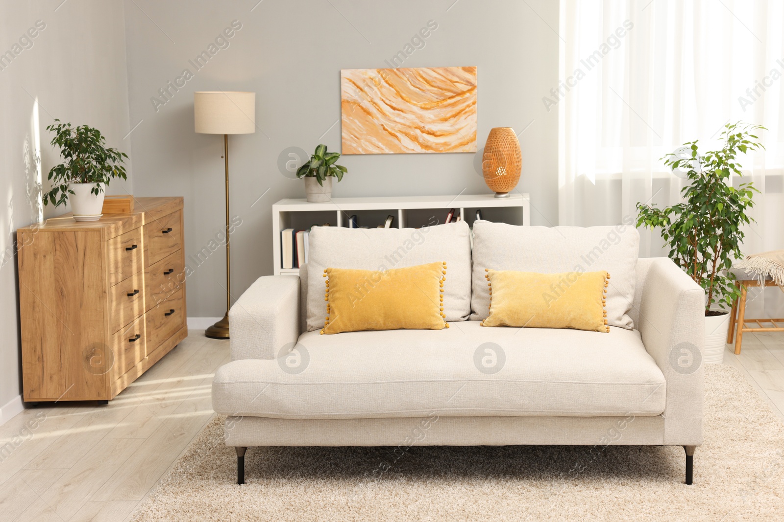 Photo of Stylish living room interior with soft sofa and chest of drawers near grey wall