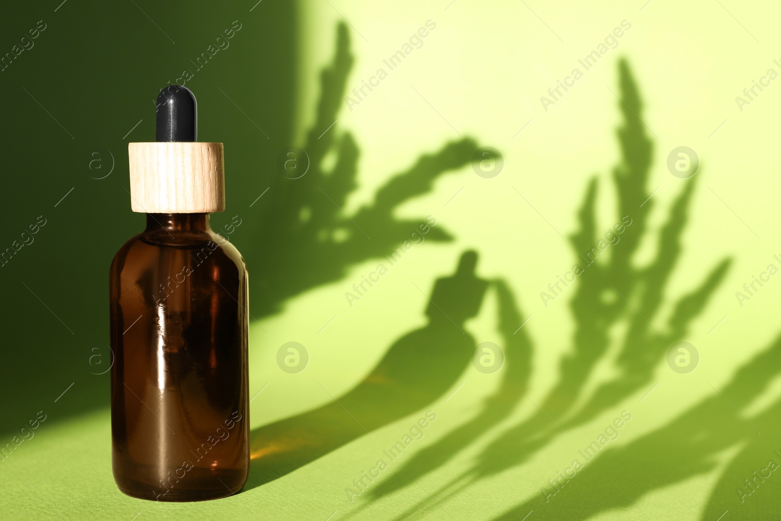 Photo of Bottle of skin care product on light green background with beautiful shadows