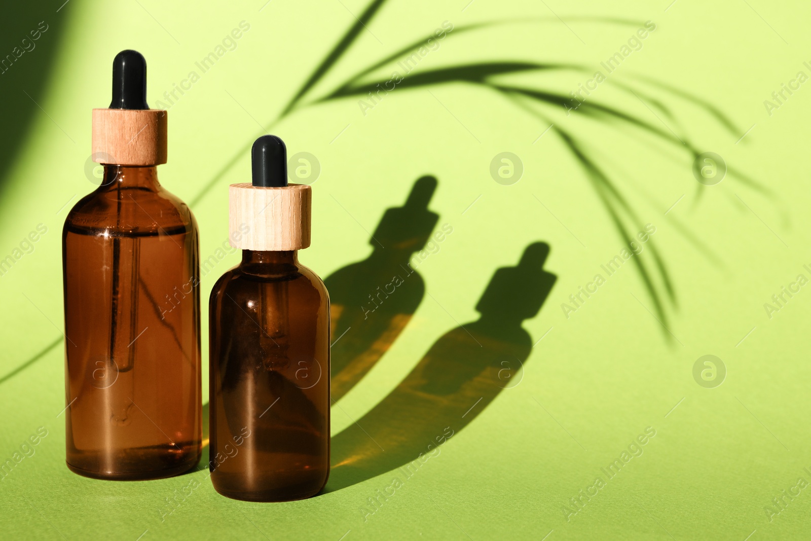 Photo of Bottles of skin care product on light green background with beautiful shadows