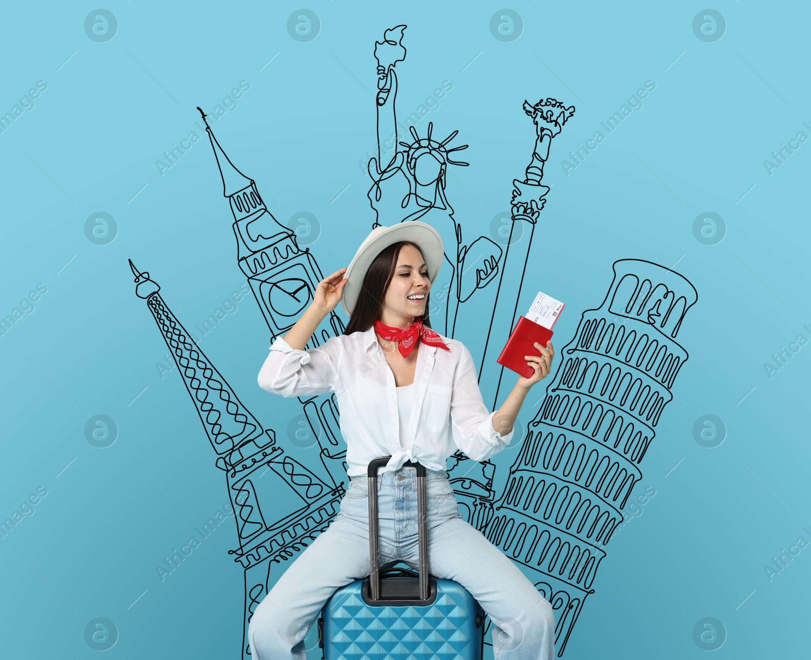 Image of Happy traveler with passport and ticket sitting on suitcase against light blue background. Illustration of famous landmarks behind woman