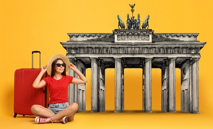 Happy traveler with suitcase sitting near Brandenburg Gate against orange background. Illustration of famous landmark