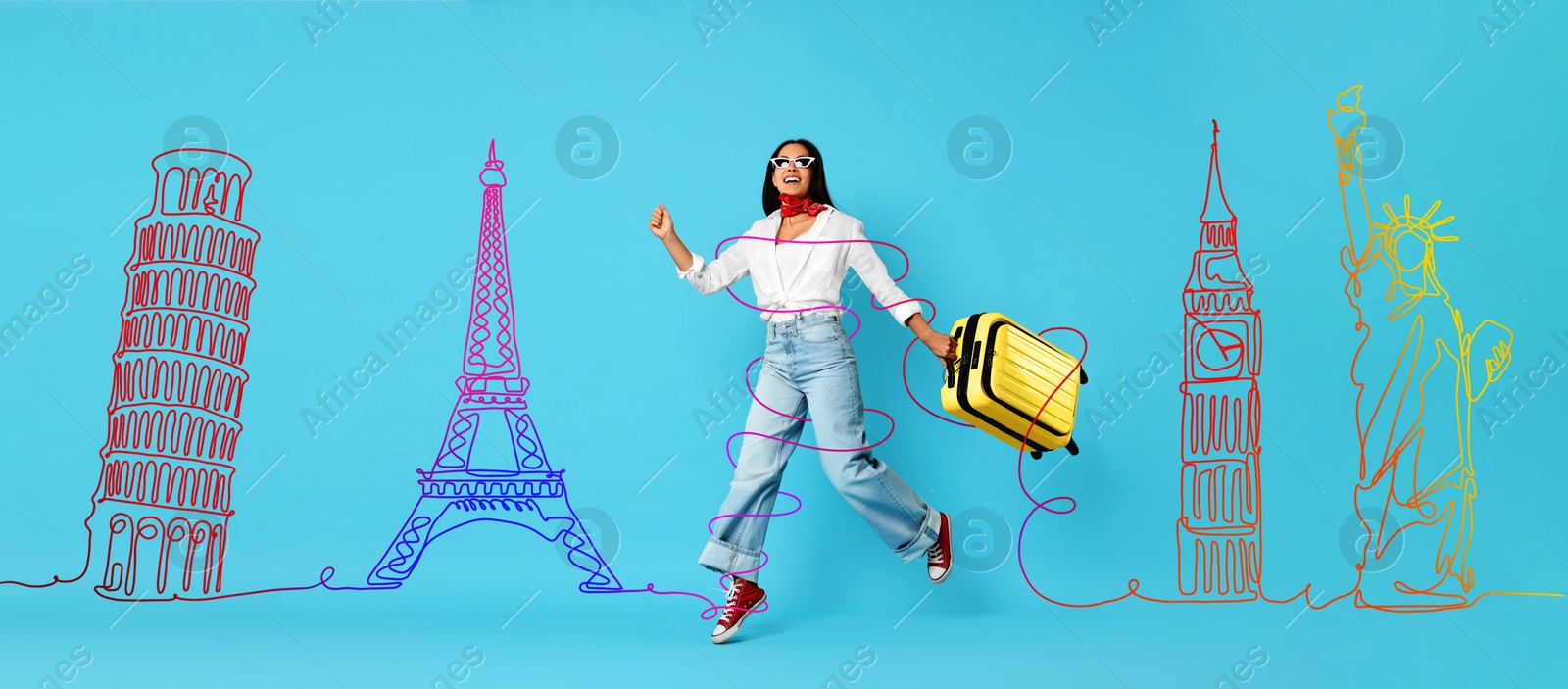 Image of Happy traveler with suitcase running on light blue background, banner design. Neon illustration of famous landmarks behind woman