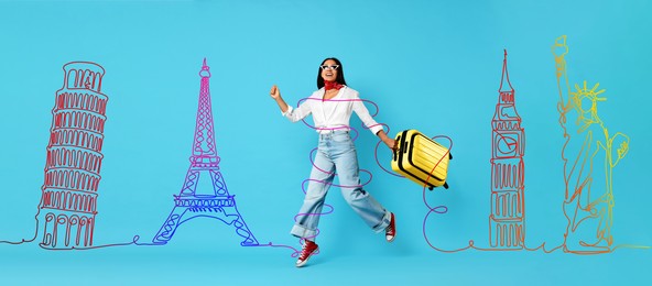 Image of Happy traveler with suitcase running on light blue background, banner design. Neon illustration of famous landmarks behind woman