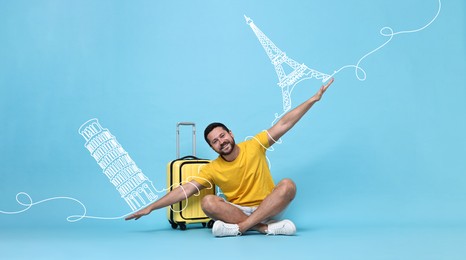 Image of Happy traveler sitting on suitcase and spreading hands as airplane wings on light blue background. Illustration of famous landmarks over his arms. Banner design