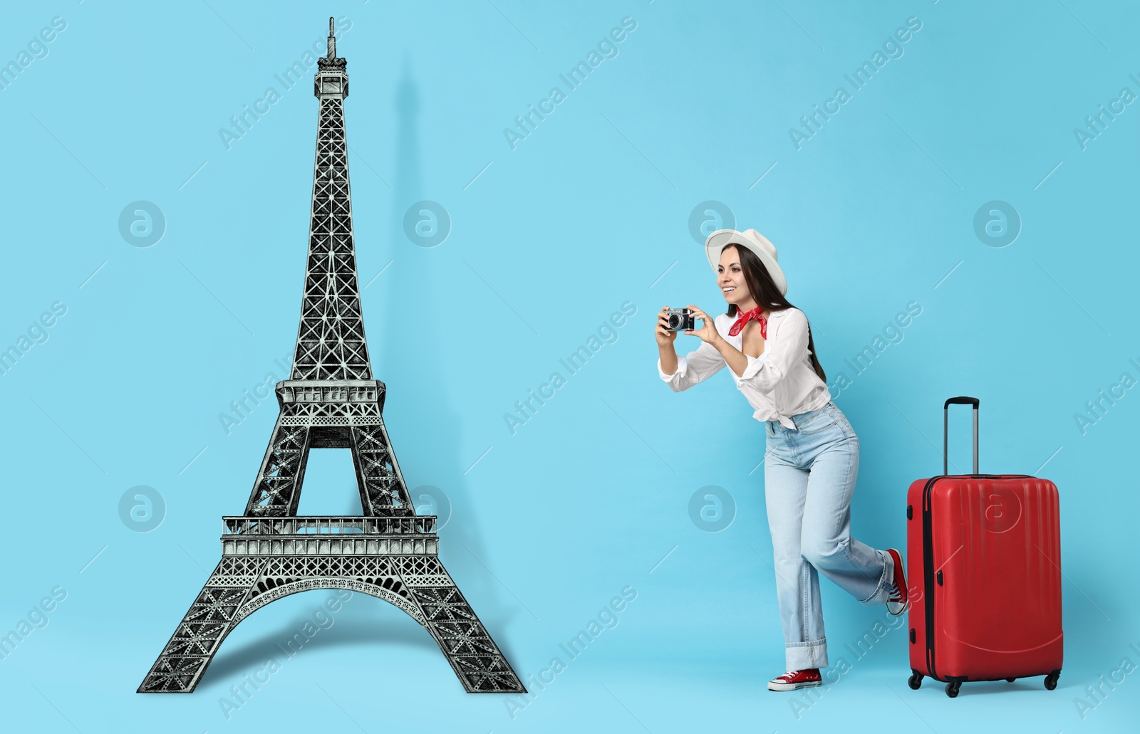 Image of Happy traveler with suitcase taking photo of Eiffel tower on light blue background. Illustration of famous landmark