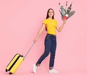 Happy traveler with suitcase, passport and ticket on pink background. Illustration of famous landmarks near her hand