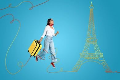 Happy traveler with suitcase running towards Eiffel Tower on light blue background. Bright illustration of famous landmark