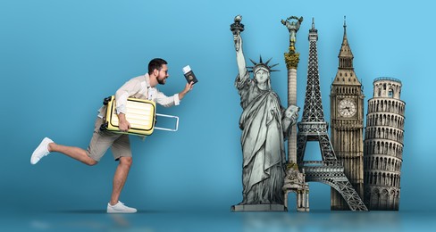 Happy traveler with suitcase, passport and ticket running towards illustration of famous landmarks on light blue background. Banner design