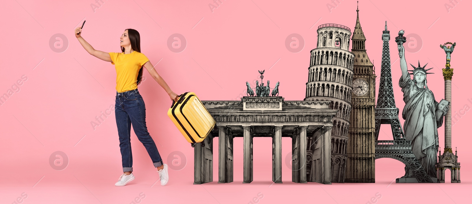 Image of Happy traveler with suitcase taking selfie against illustration of famous landmarks on pink background, banner design