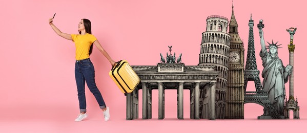 Happy traveler with suitcase taking selfie against illustration of famous landmarks on pink background, banner design