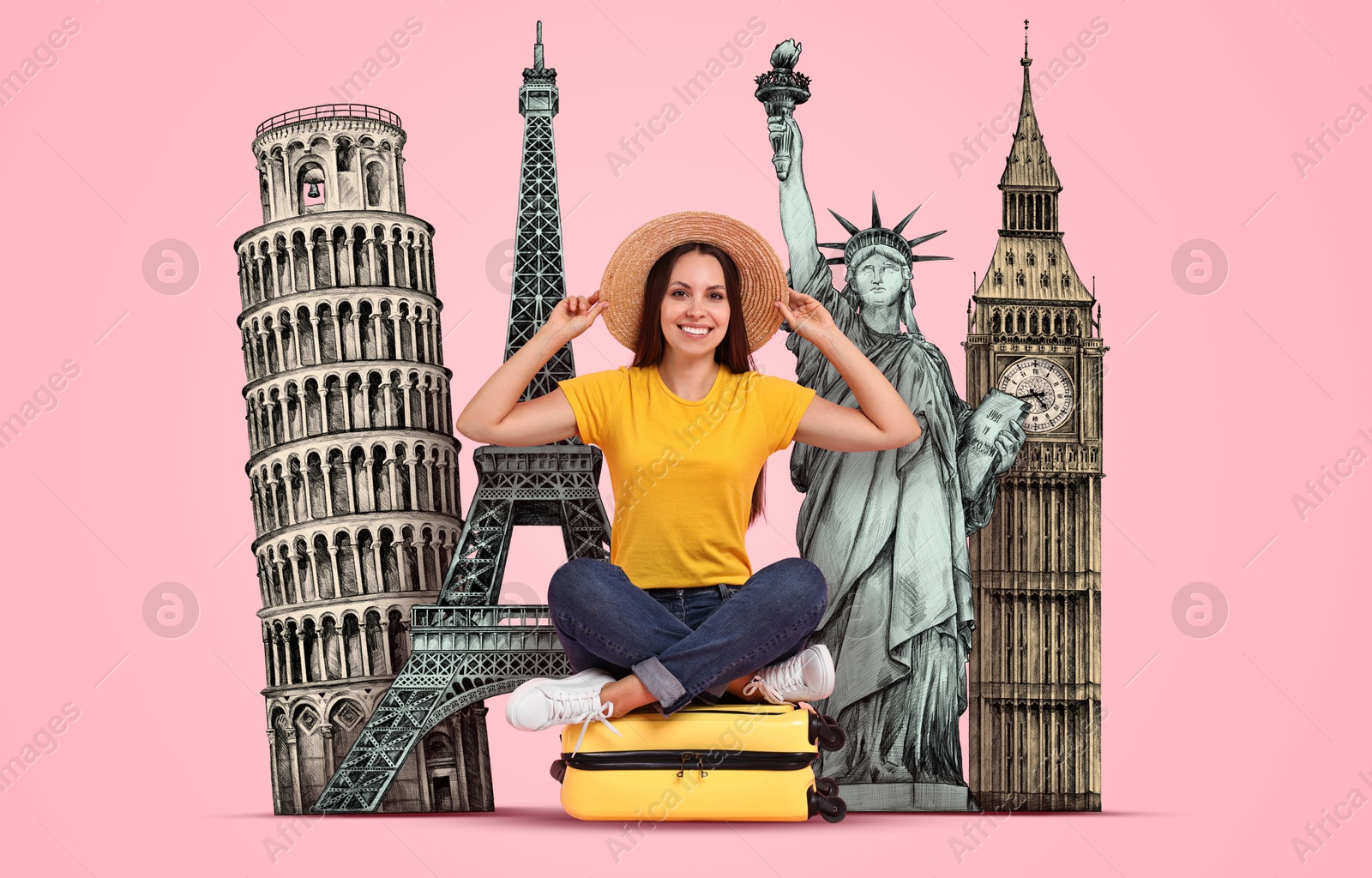 Image of Happy traveler sitting on suitcase against pink background. Illustration of famous landmarks behind woman