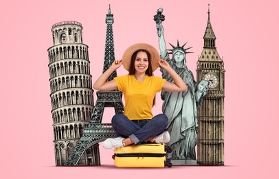 Happy traveler sitting on suitcase against pink background. Illustration of famous landmarks behind woman