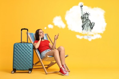 Image of Happy traveler with suitcase talking on phone about journey to USA on orange background. Illustration of Statue of Liberty in thought cloud