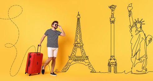 Image of Happy traveler with suitcase walking towards illustration of famous landmarks on orange background, banner design