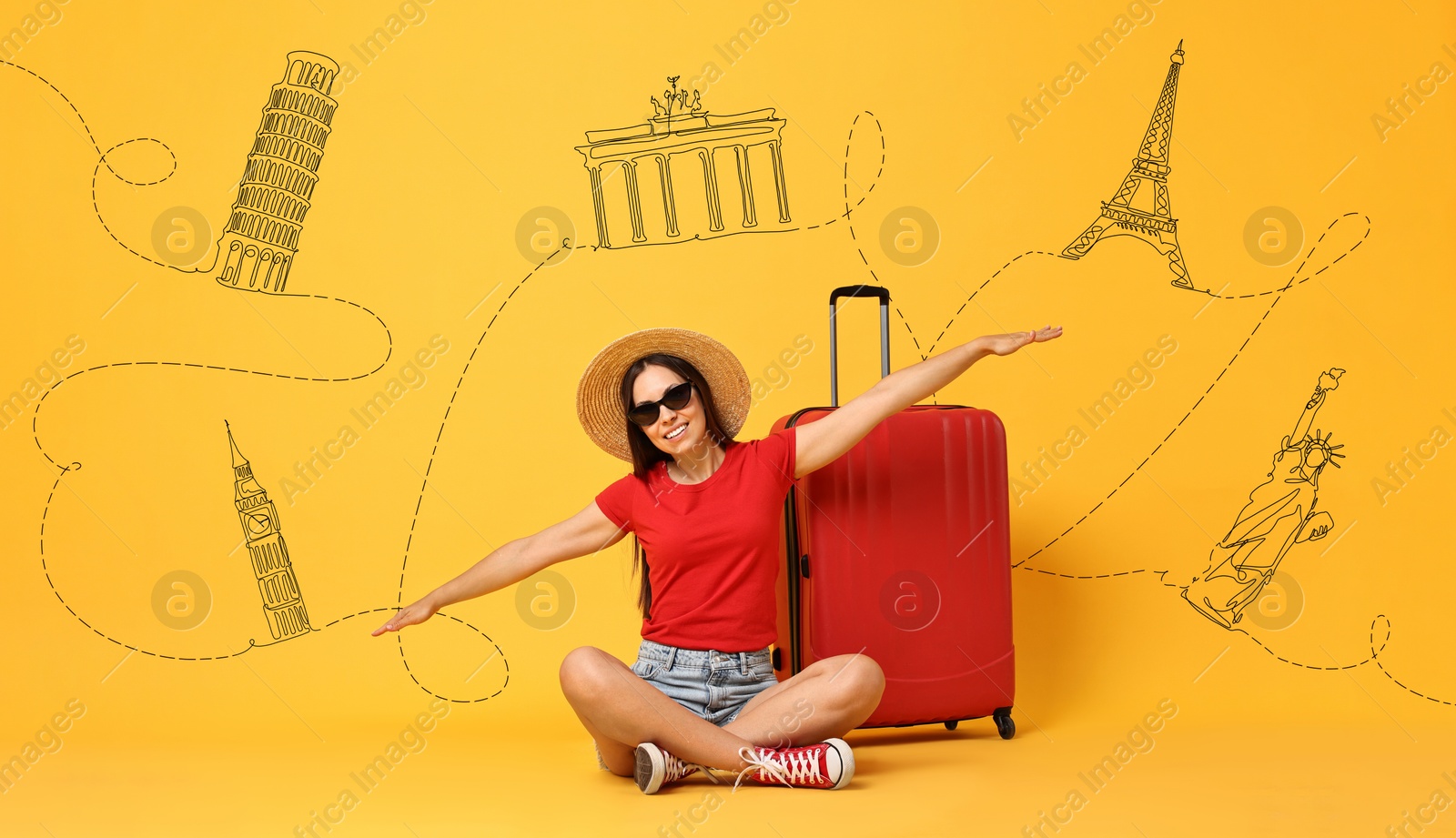 Image of Happy traveler sitting on suitcase and spreading hands as airplane wings on orange background. Illustration of famous landmarks behind woman