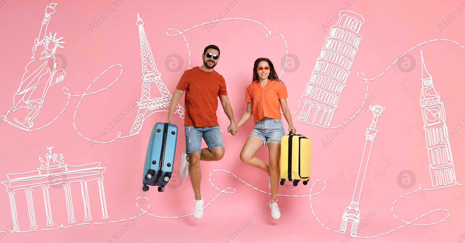 Image of Happy travelers with suitcases jumping on pink background. Illustration of famous landmarks behind couple