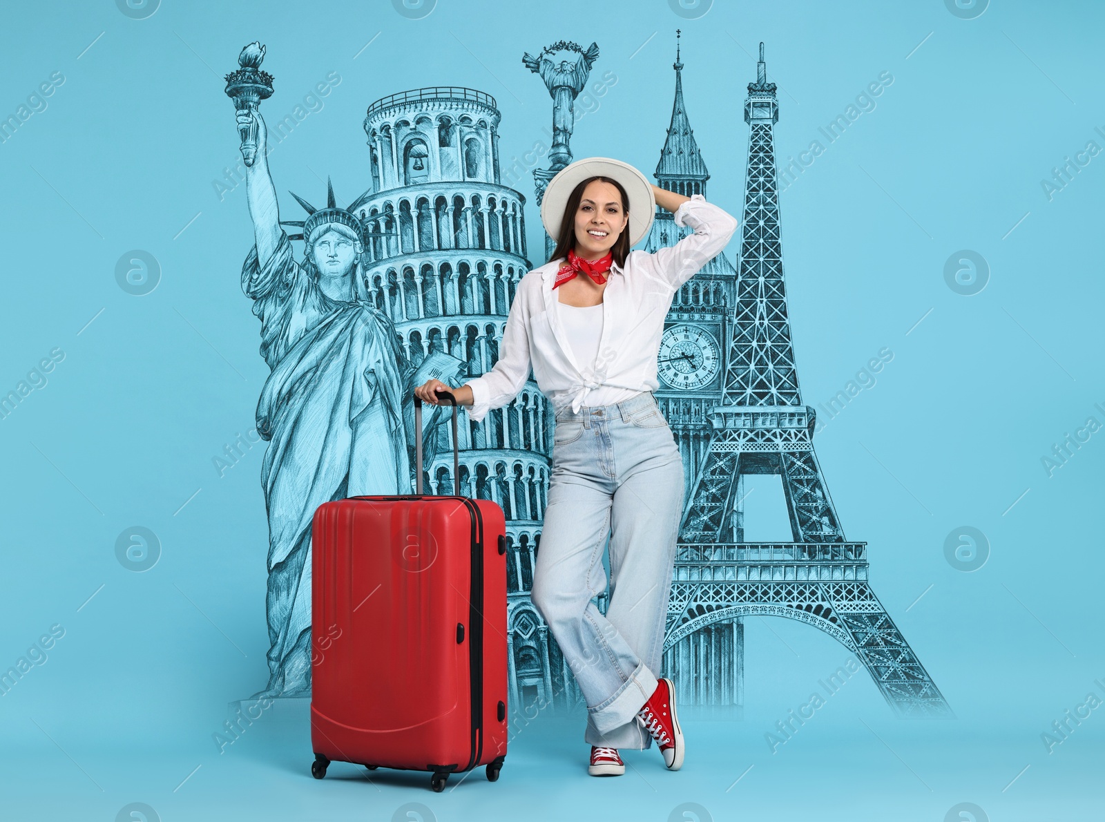 Image of Happy traveler with suitcase against light blue background. Illustration of famous landmarks behind woman